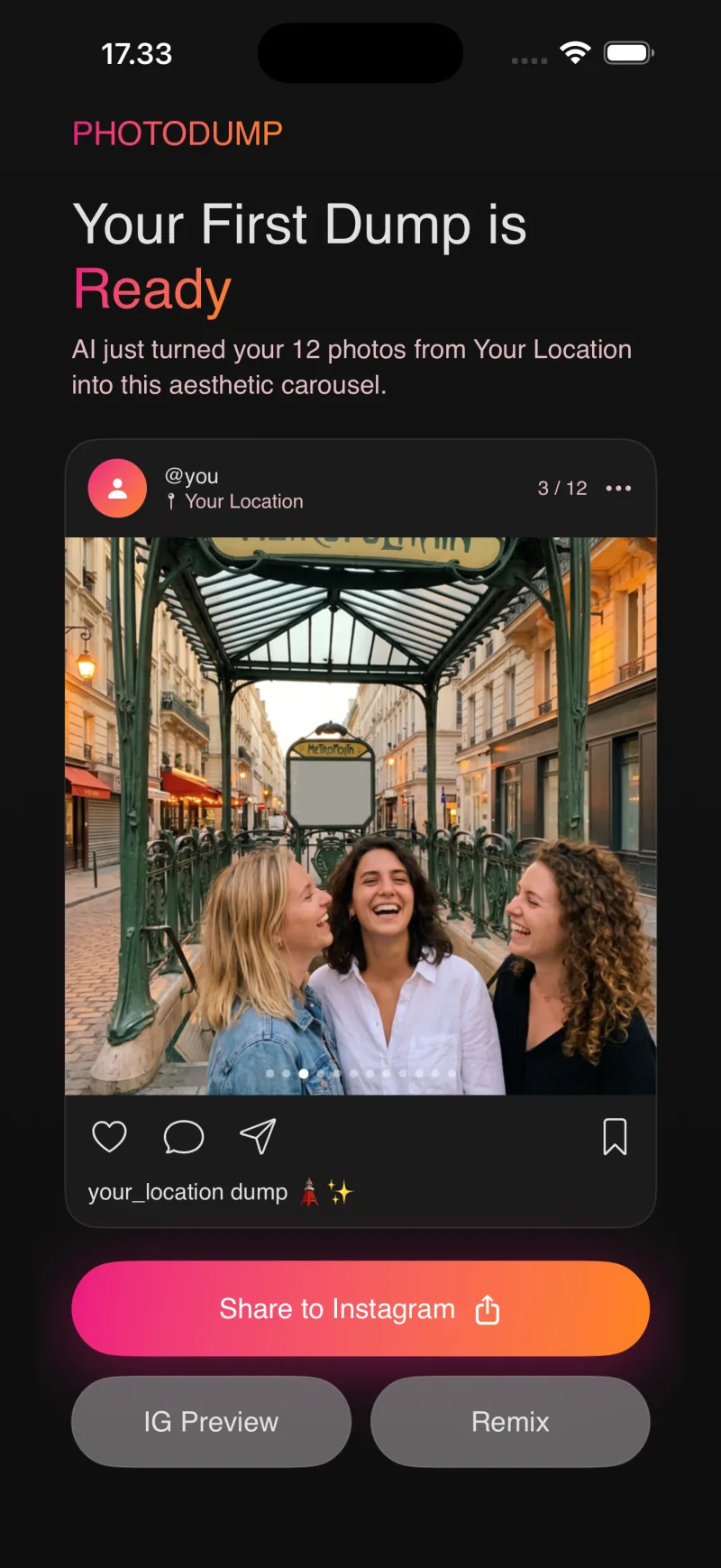 PhotoDump turning a camera roll into a Paris carousel, ready to post